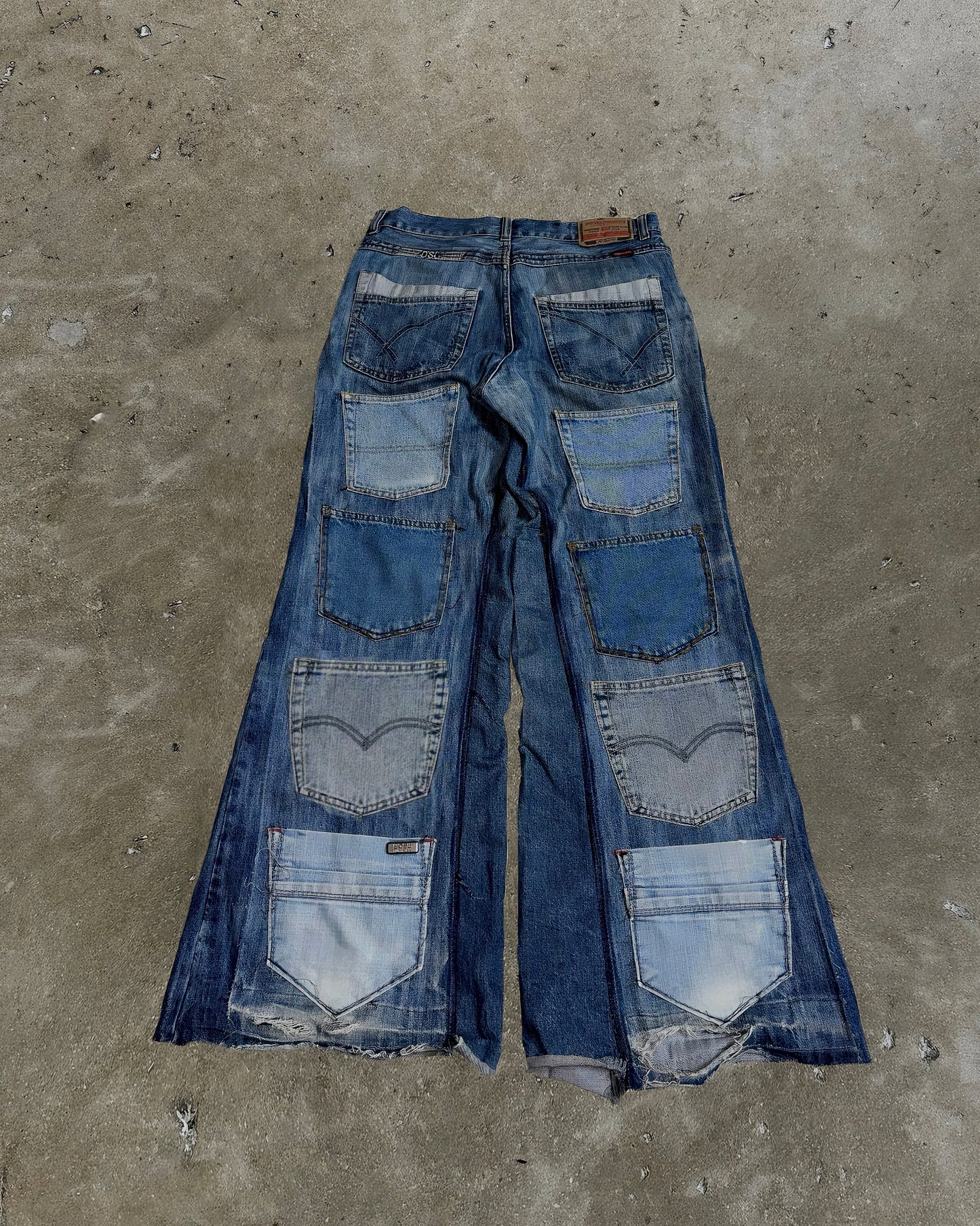 Patchwork Pocket Flare Reworked Denim Jeans