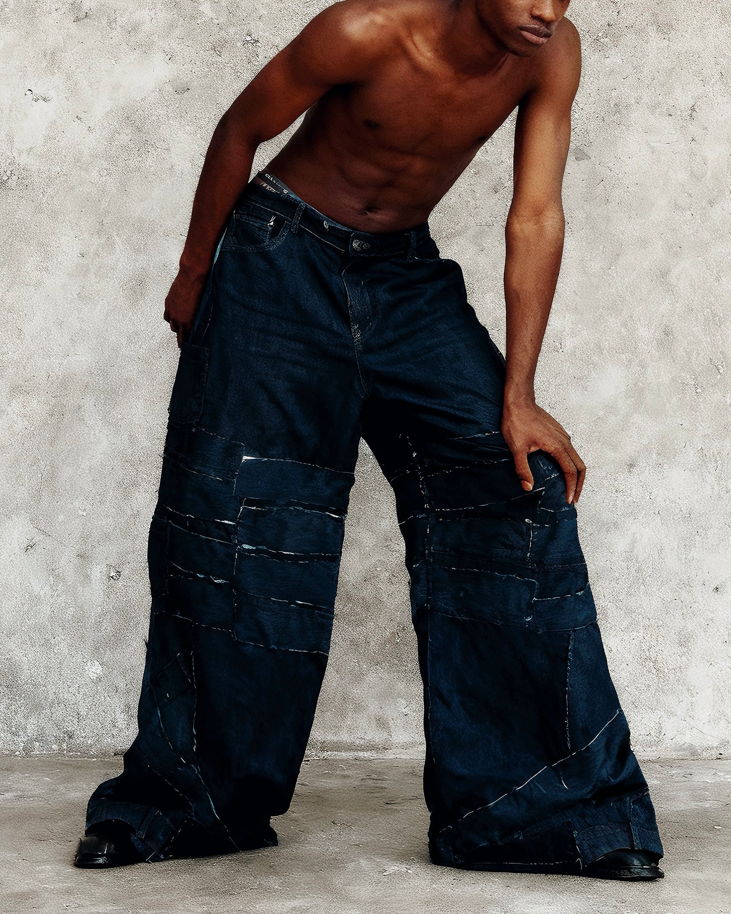 Black Patchwork Wide-Leg Reworked Denim Jeans
