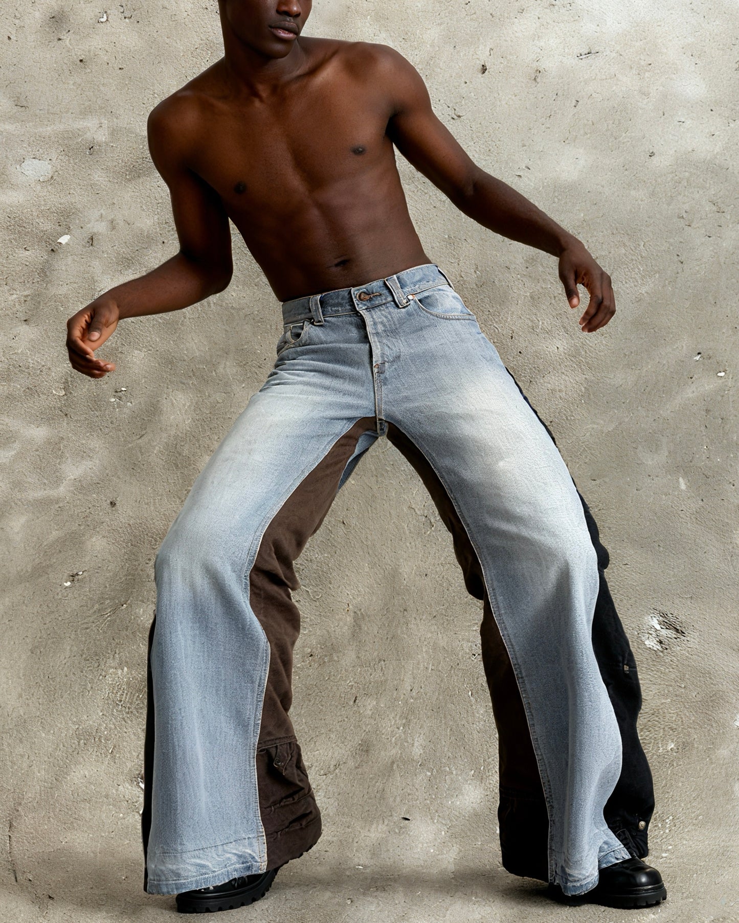 Contrast Panel Wide-Leg Jeans